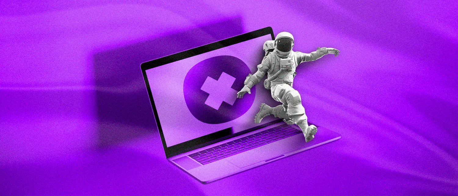 astronauta saindo de um notebook em fundo roxo, simbolizando o branding digital
