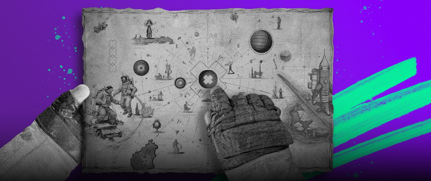 Mãos segurando um mapa ilustrado, representando estratégia e um plano de marketing criativo