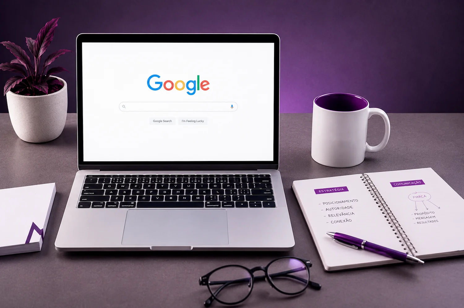 Notebook aberto em página do Google em cima de mesa, ilustrando o marketing de busca