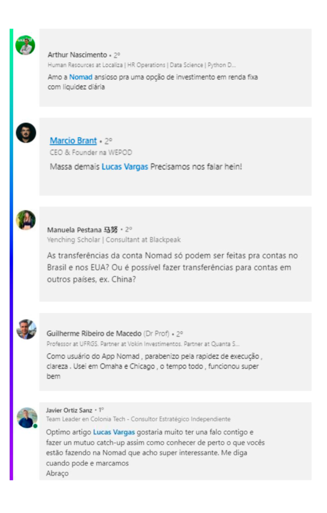 A imagem mostra comentários feitos no perfil do Lucas, CEO da Nomad
