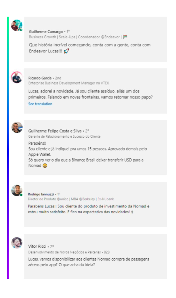 A imagem mostra comentários feitos no perfil do Lucas, CEO da Nomad