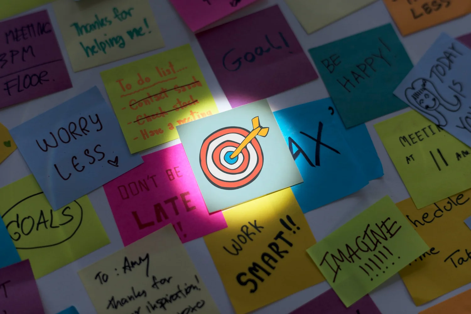 Post-its coloridos com anotações e um alvo em destaque representando os objetivos de comunicação